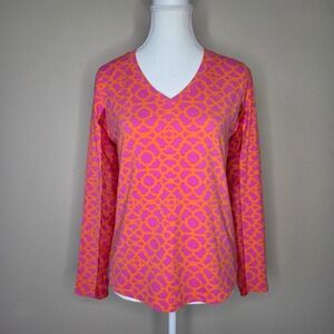 Icikuls Womens Orange Pink Geometric V-Neck Sun Shirt Long Sleeve Mesh Panels S